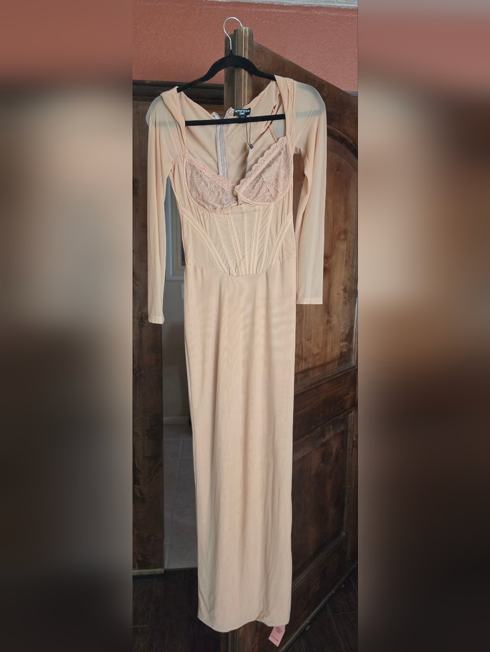 PrettyLittleThing Blush Long Sleeve Lace Corset Maxi Dress